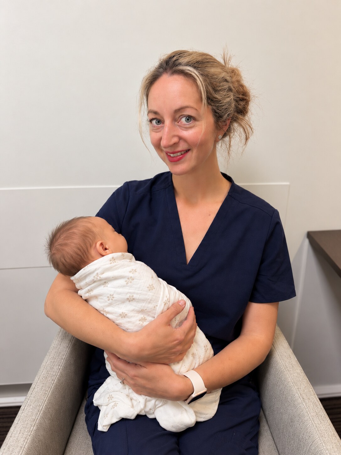 Sophie Stetson holding a sleeping baby
